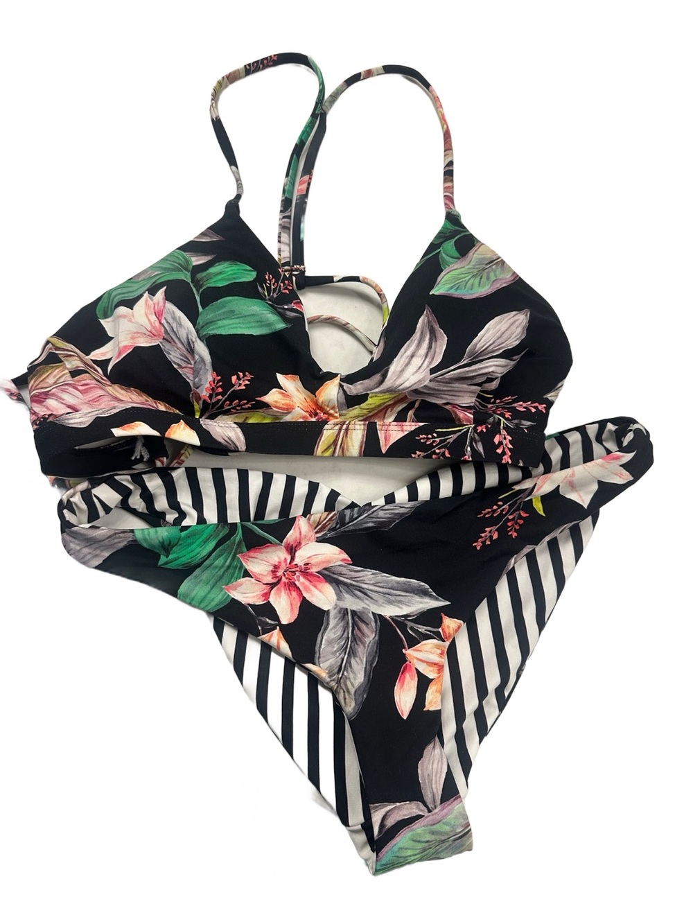 Hurley Black Floral Strappy Bikini with Green and Pink Accents